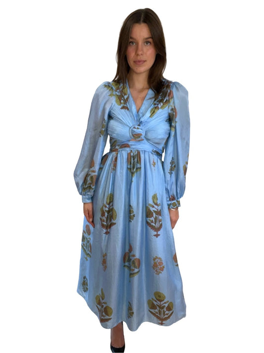Hannah Artwear Light Blue Floral Silk Cutout Maxi Dress. Size: 1