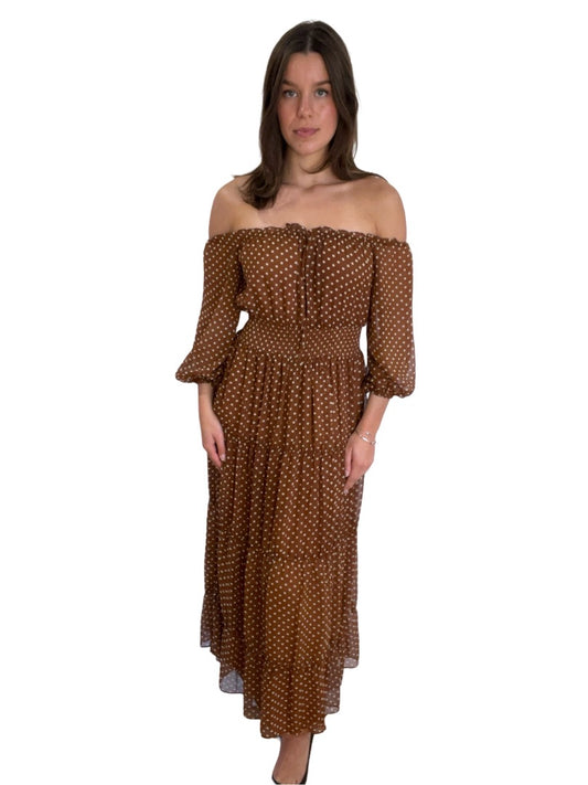 House of Harlow Brown Polka Dot Maxi Dress with Ruched Waist. Size: XS