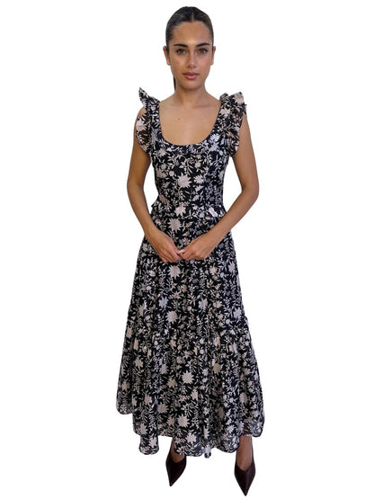 Ulla Johnson Black & Pink Floral Print Freak Sleeve Corset Dress. Size: 4