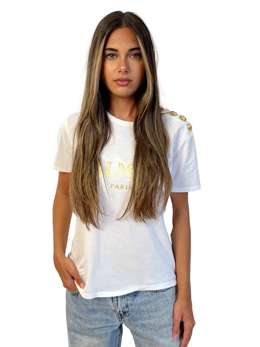Balmain White T-Shirt w/ Gold graphic Logo. Size: 36