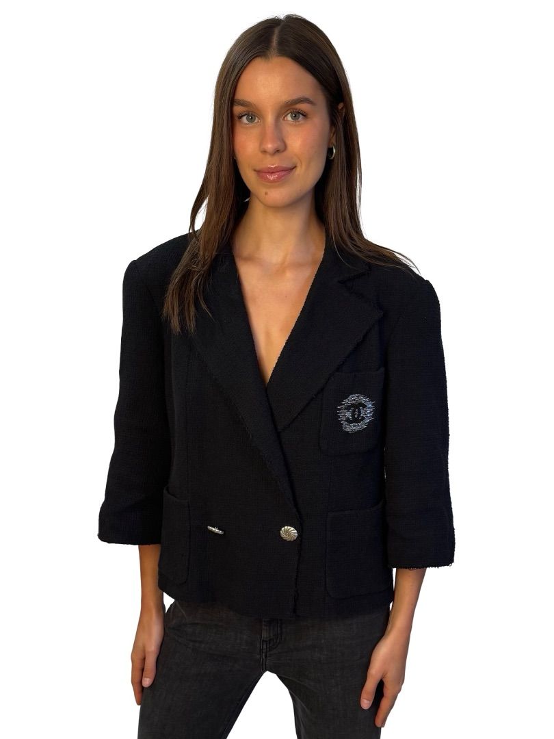 Chanel Black Double Breasted Tweed Jacket W Emblem. Size: 50