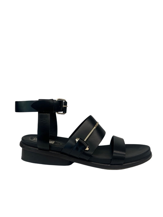Balenciaga Black 3 Strap Sandal with Gold Rod & Buckle. Size: 38