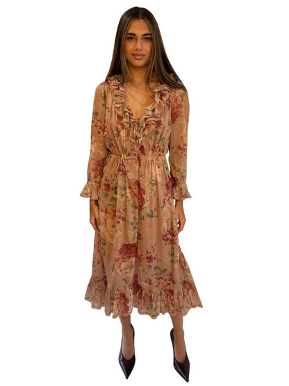 Zimmermann Brown Floral Corsair Ruffle Dress. Size: 0