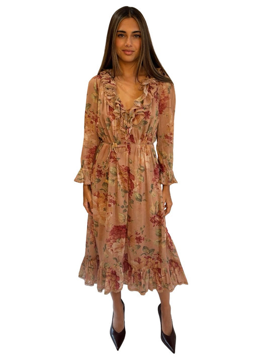 Zimmermann Brown Floral Corsair Ruffle Dress. Size: 0