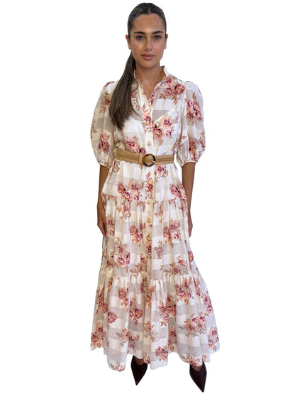 Zimmermann White / Pink Floral Print Dress w/ Sheer Stripe. Size: 1