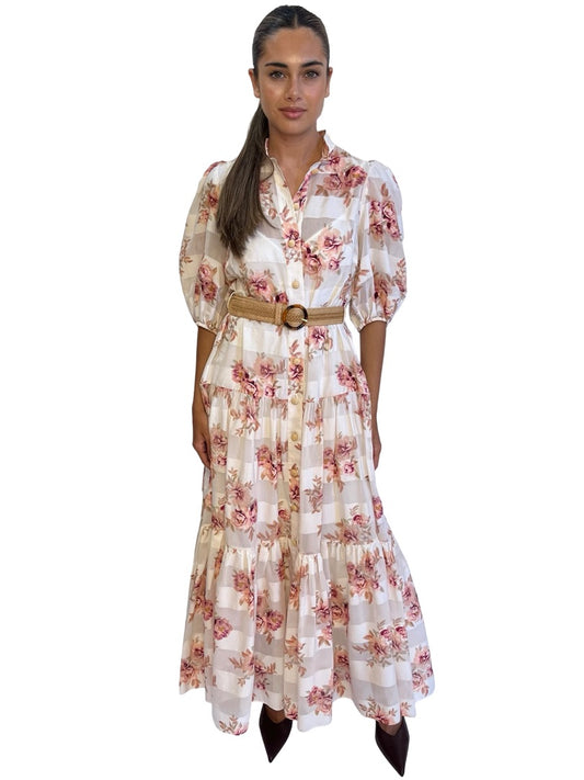 Zimmermann White / Pink Floral Print Dress w/ Sheer Stripe. Size: 1