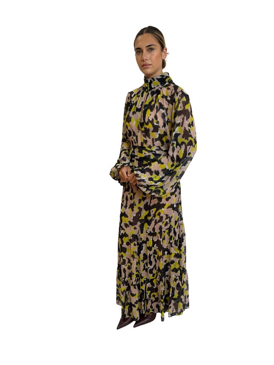 Husk Black / Pink / Yellow Sheer Silk Print Maxi Dress. Size: 14