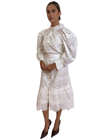 Husk White Cotton Embroidered Dress. Size: 16