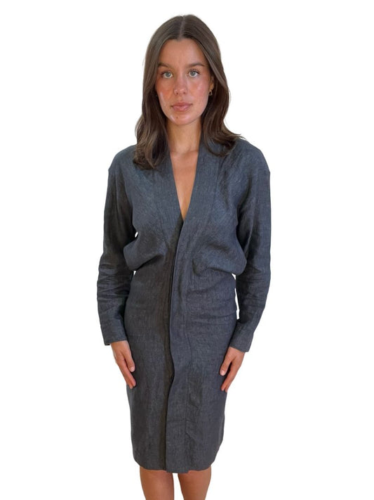Bassike Grey Linen Cinched Buttoned Shirt Dress. Size: 0