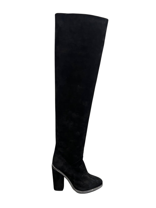 Balmain Black Knee High Suede Boots w Silver Chain Detailing. Size: 40