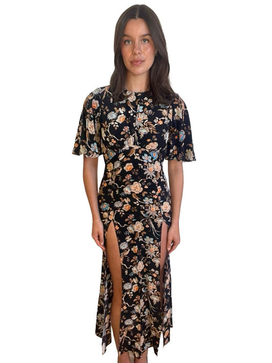 Les Reveries Black / Multi-colour Short Sleeve Print Dress w/ Slits. Size: 0
