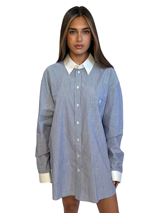 Celine Blue / White Pinstripe Shirt w/ Logo Embroidered Pocket. Size: 44