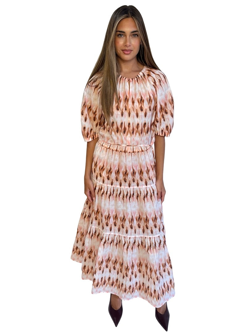 A.L.C. Pink / Brown Puff Sleeve Tiered Print Dress. Size: 14