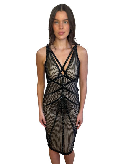 Rachel Gilbert Black / Nude Beaded Dress. Size: 2