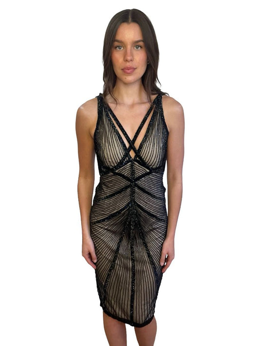 Rachel Gilbert Black Glitter Nude Effect Dress. Size: 10
