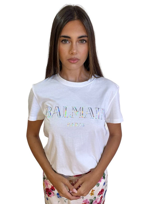 Balmain White Iridescent Logo T Shirt. Size: S