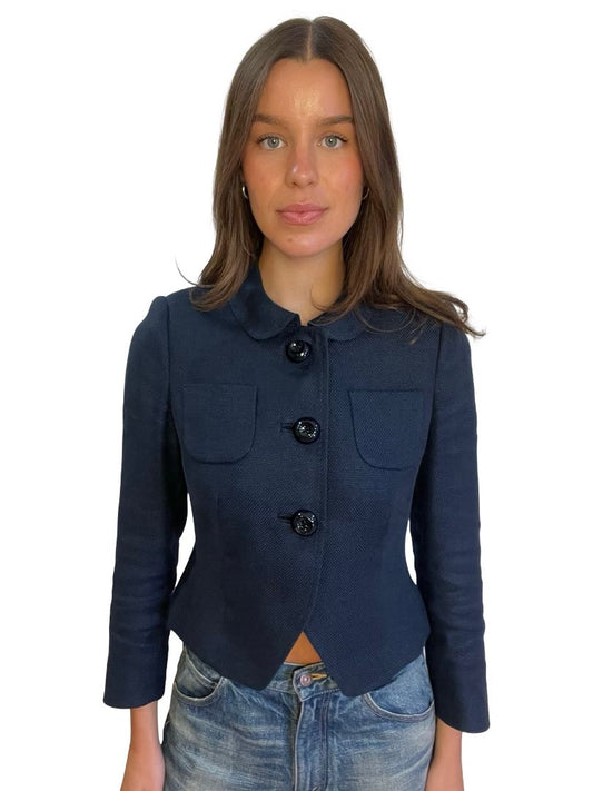 Anna Thomas Navy Linen Buttoned Jacket. Size: 10