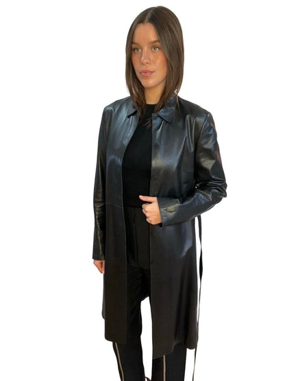 Bisonte Black Long Leather Coat. Size: M