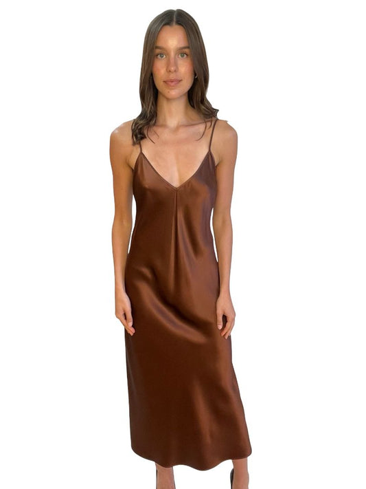 Joseph Burnt Chocolate Silk Slip Dress. Size: 34