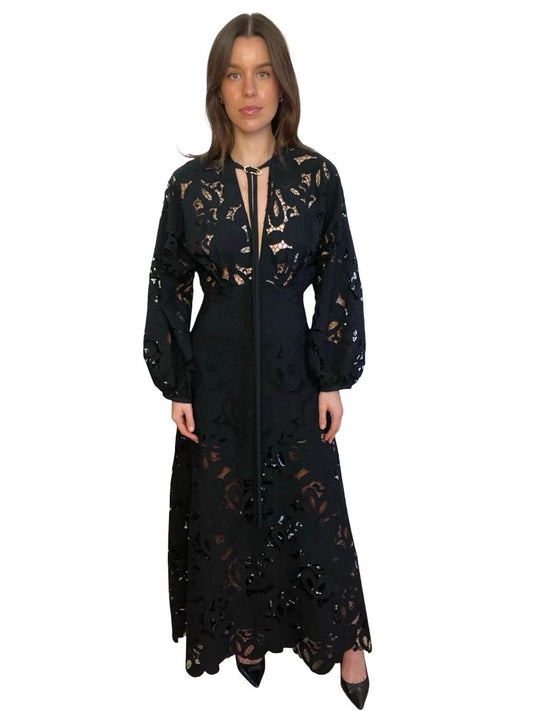 Carla Zampatti Black Embroidery Dress W Neck Tie. Size: 8