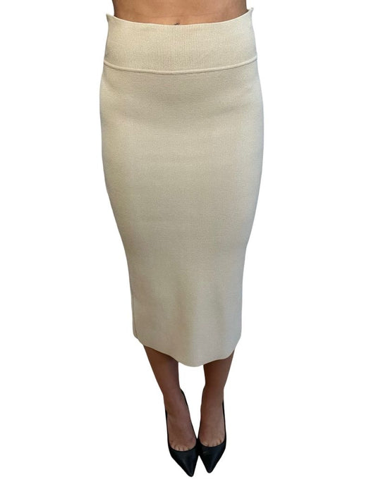 Scanlan Theodore Beige Crepe Knit Skirt W Back Slit. Size: S