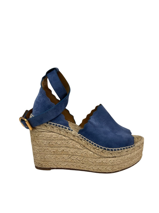 Chloe Blue Blue Suede Wedge Espadrille Sandals. Size: 40
