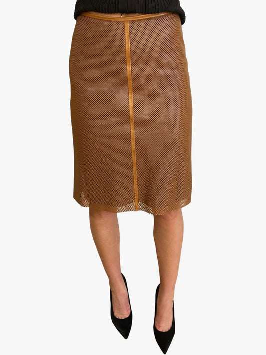Akris Brown Perforated Midi Leather Skirt. Size: 8