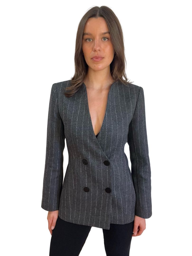 Carla Zampatti Grey Charcoal Italian Wool Pinstripe Blazer. Size: 6