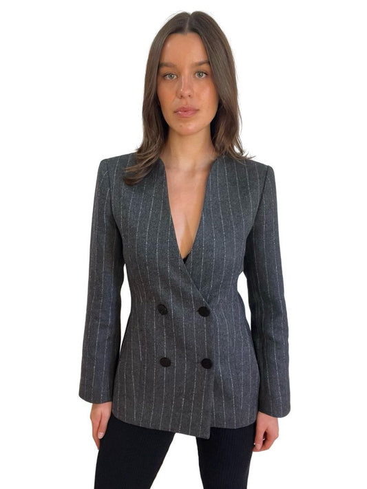 Carla Zampatti Grey Charcoal Italian Wool Pinstripe Blazer. Size: 6