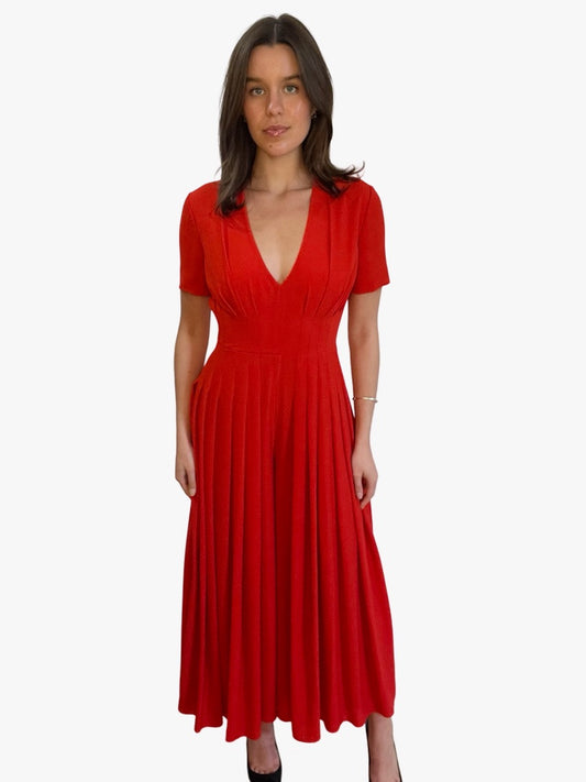 Emilia Wickstead Red Pleated V Neck Jumpsuit. Size: 10