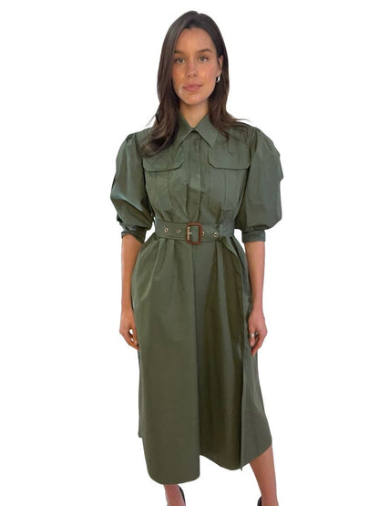 Alexander McQueen Green Puff Sleeve Belted Dress. Size: S