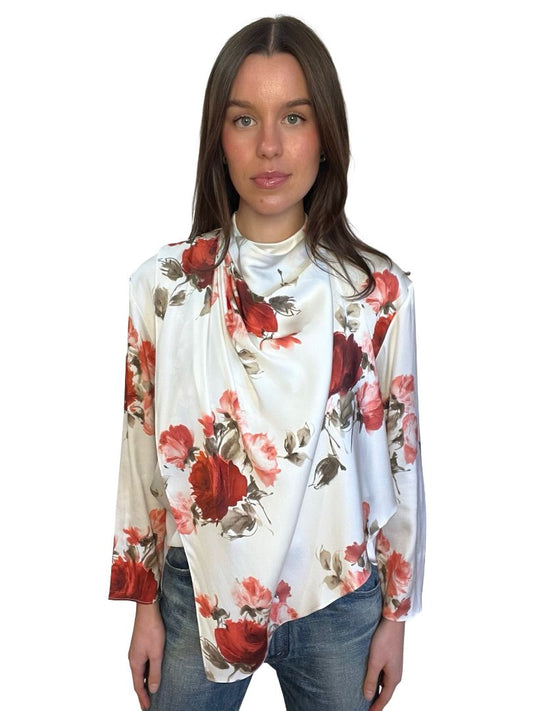 Magda Butrym White / Red Floral Print Silk Blouse. Size: 34