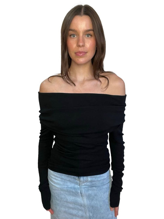 Willow Black 'Cora Merino' Off Shoulder Knit Top. Size: M
