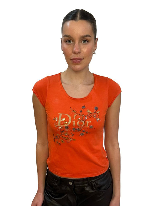 Christian Dior Orange Vintage Baby Tee W Embroidered Logo. Size: XS-S