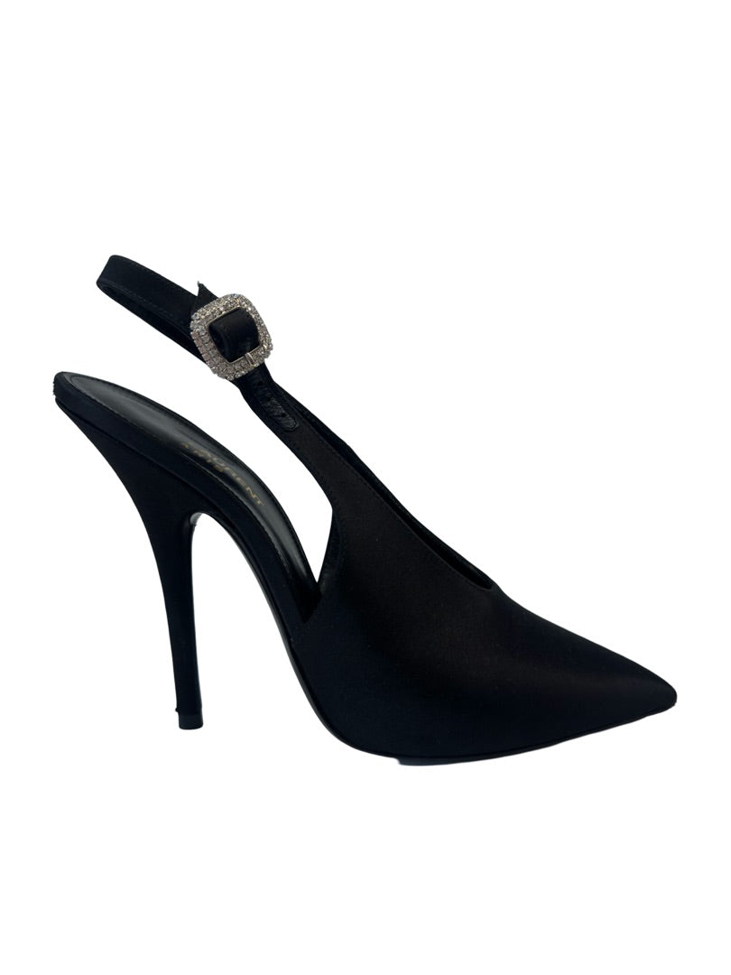 Saint Laurent Black Yasmeen Slingback Satin Heel w Diamond Buckle. Size: 38.5
