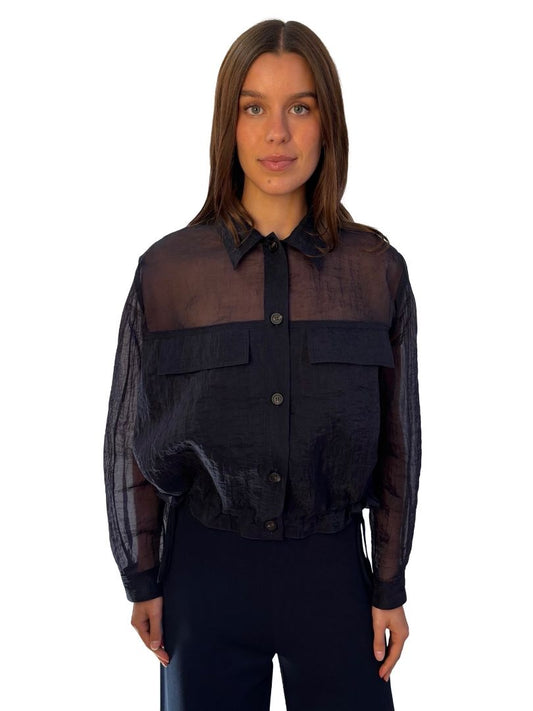 Peserico Navy Organza Drawcord Shirt. Size: 44