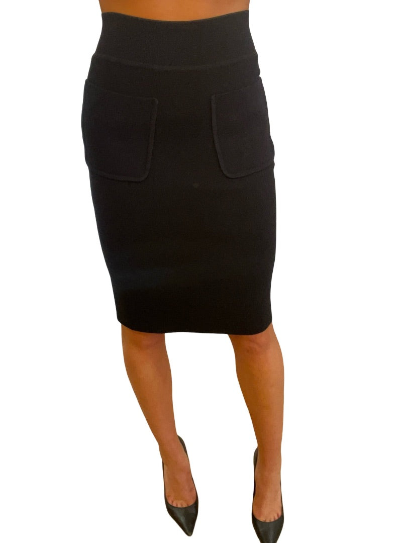 Scanlan Theodore Black Midi Knit Stretch Skirt w Pockets. Size: M