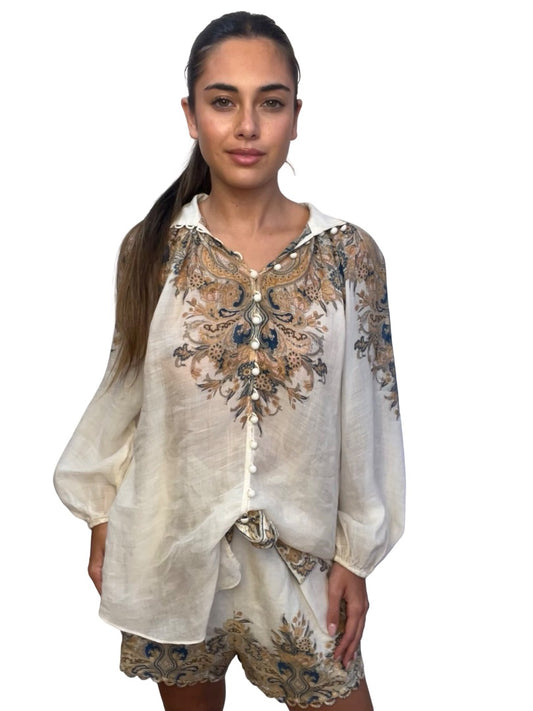 Zimmermann Cream / Multi-Colour Freja Paisley Print Blouse & Short Set. Size: 1