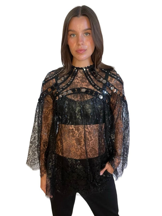 Zimmermann Black Glitter Lace Blouse w/ Pailettes.