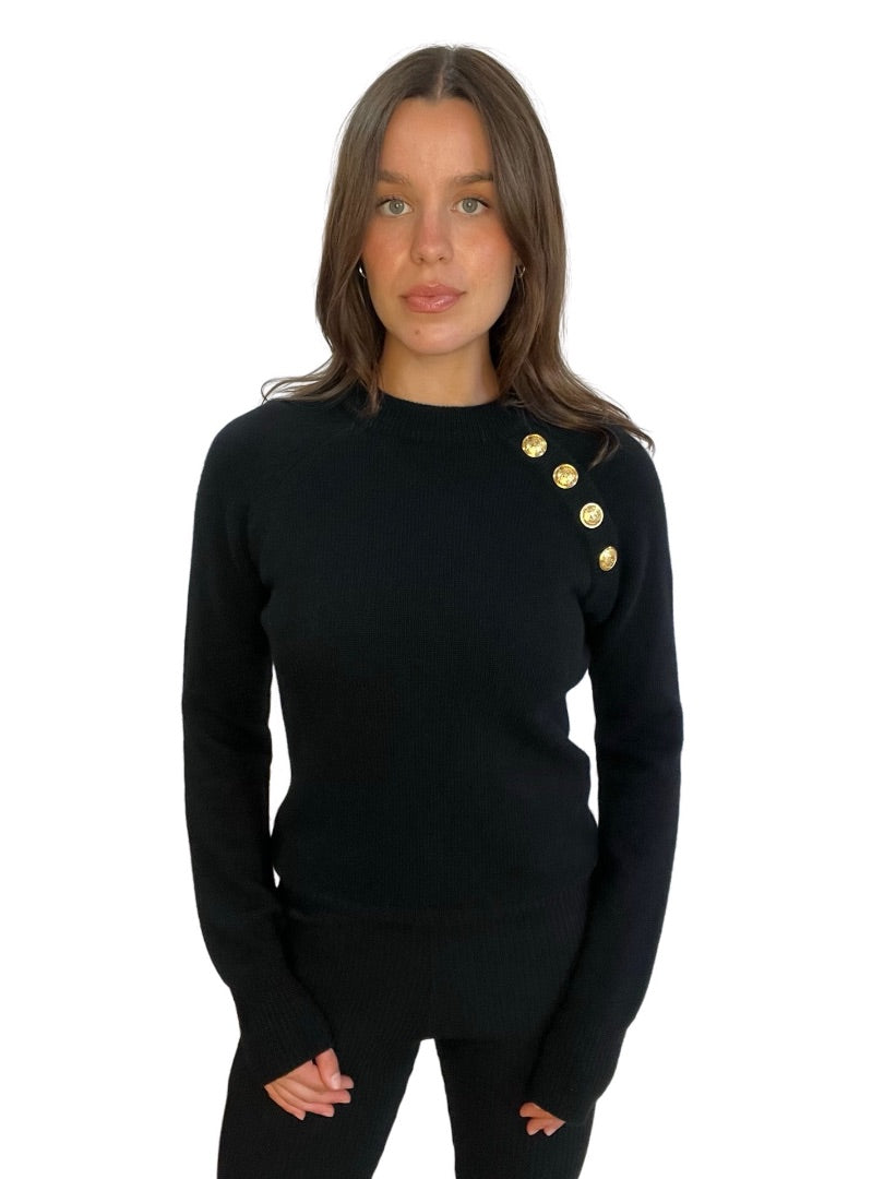 Balmain Black Knit Jumper w Gold Buttons on Left Shoulder. Size: 36