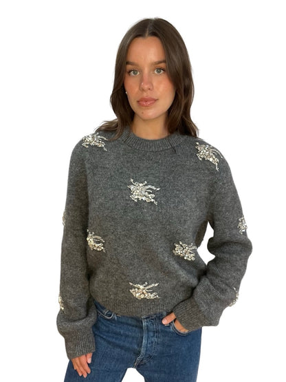 Burberry Grey Embellished Embroided  Horse Logo Knit Jumper. Size: M
