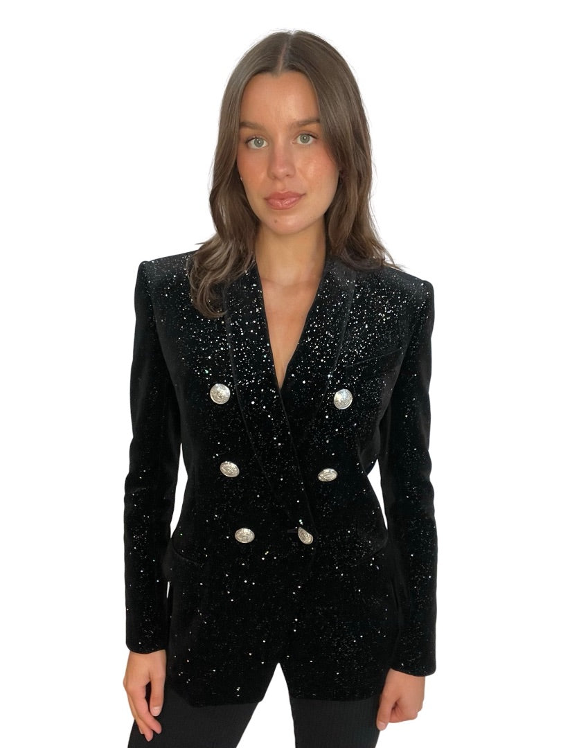 Balmain Black Holographic Sparkle Speckled Blazer. Size: 40