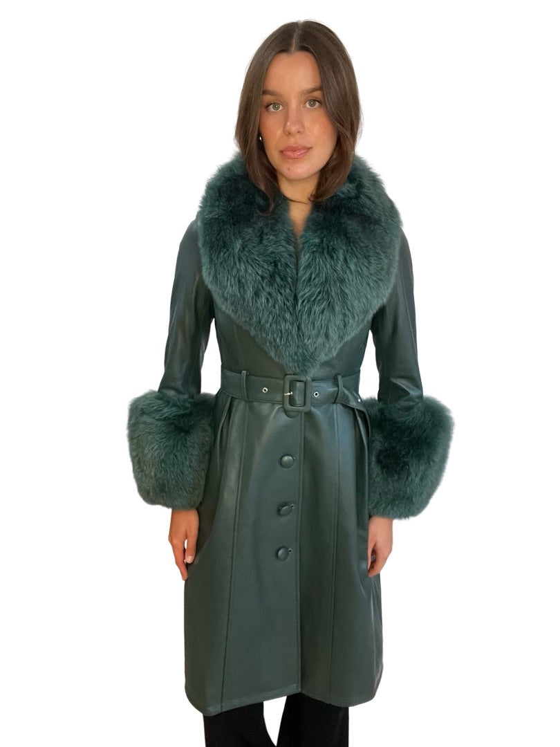 ZCRAVE Green Leather Coat w/ Fox Fur Trim. Size: M