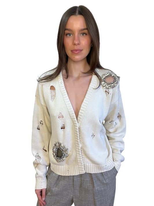 Area Cream Crystal Embellished Knit Cardigan. Size: XS