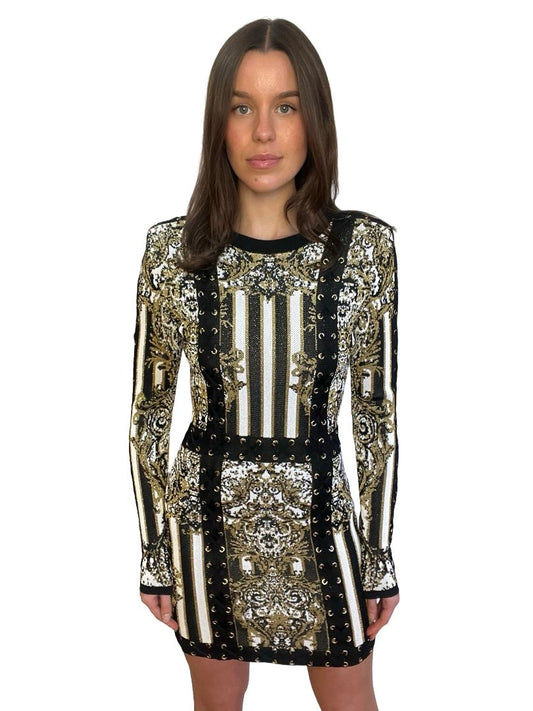 Balmain Black/Gold Graphic Long Sleeve Midi Dress. Size: 38