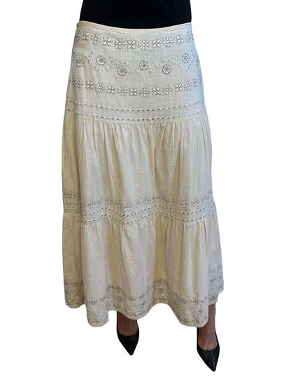Flannel Neutral Embroidered Flower Maxi Skirt w/ Silver Thread. Size: 1