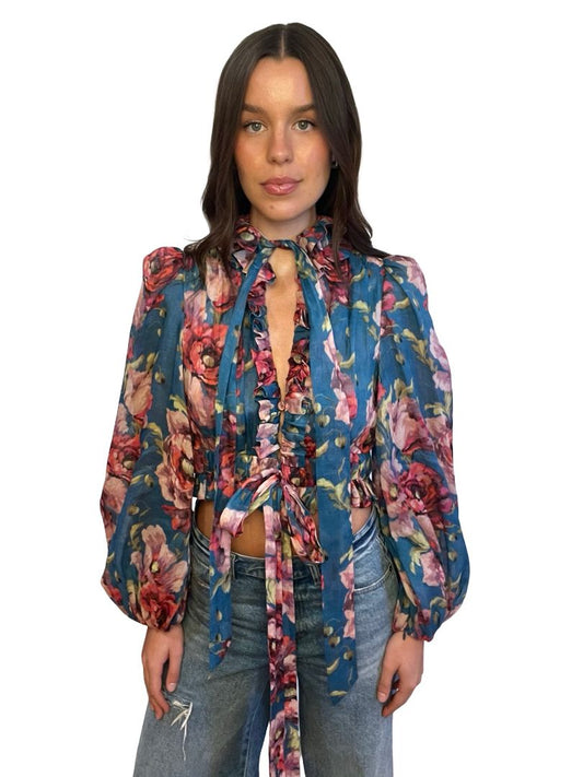 Zimmermann Blue Floral Cropped Blouse W Waist & Neck Ties. Size: 1