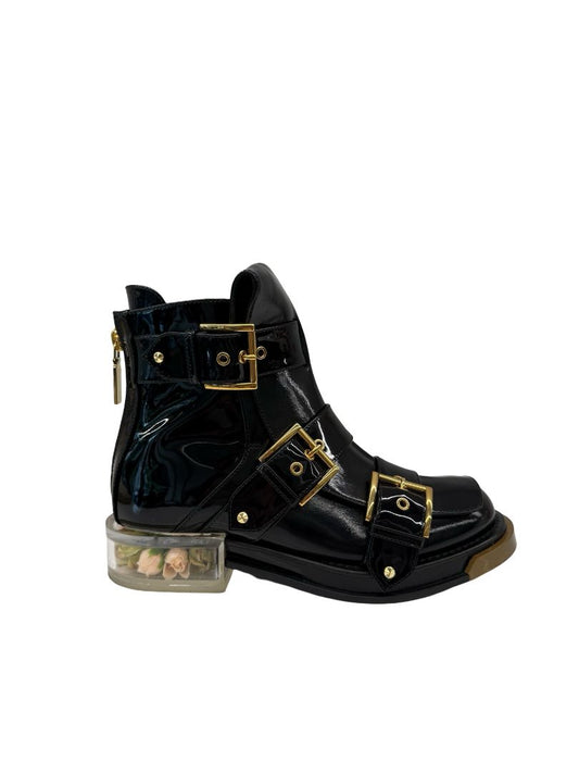 Alexander McQueen Black / Gold Buckled Flower Boot. Size: 37