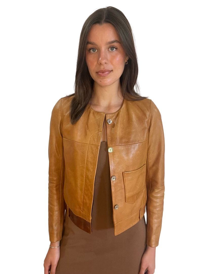 Golden Goose Tan Contrast Cropped Leather Jacket. Size: S