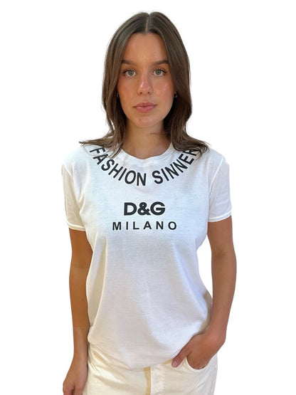 Dolce & Gabbana White 'Fashion Sinner' Printed T Shirt. Size: 40